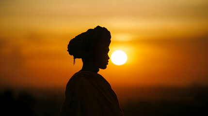 Silhouetted figure against sunset with traditional headwear