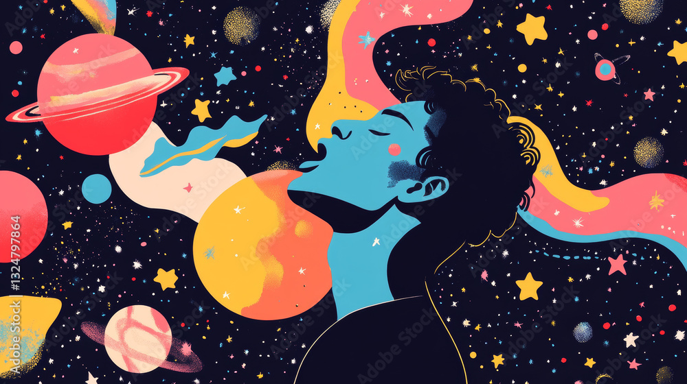 Poster abstract image of a man sings document in the form of a starry sky or space, consisting of points, l