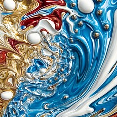 Abstract Fluid Paint Composition: Blue, White, Red, and Gold