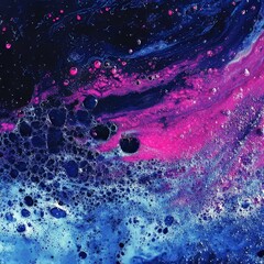 Abstract Fluid Paint with Bubbles: Blue, Pink, and Black Pigments