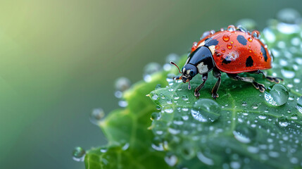 Obraz premium Macro shot of a ladybug perched on a dewdrop-covered blade of grass, vibrant nature close-up