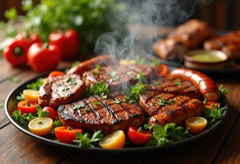 colorful plate filled sizzling grilled meats accompaniments showcase inviting culinary experience, beef, chicken, pork, sausage, meatball, steak, rib