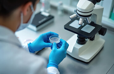 Doctor holds petri dish with substance near microscope. Scientist in gloves works with vaccine invention, medical research, tests in laboratory. Healthcare pro examines sample, performs analysis,
