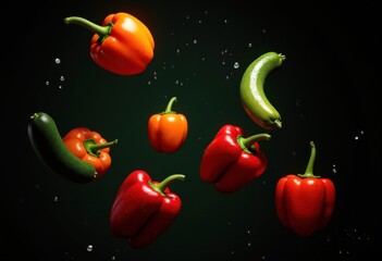 vibrant floating vegetables displayed dark backdrop airy colorful visual appeal, background, contrast, bright, healthy, nature, arrangement, organic