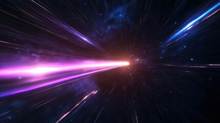 Obraz premium A vibrant depiction of light beams racing through a cosmic landscape, illustrating the vastness and speed of space.
