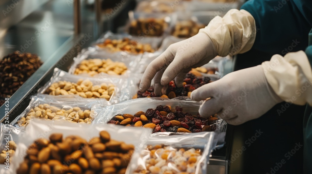 Poster Workers utilize artificial intelligence technology to package various types of nuts efficiently on a busy production line. Attention to detail enhances quality control during the process.
