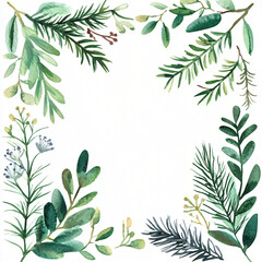 Naklejka premium Watercolor hand-painted forest greenery frame with fir branches and wildflowers on a white background, flat watercolor painting, simple design, AI painting design, AI