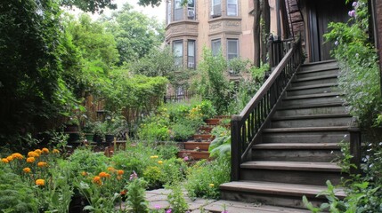 Urban Oasis: Lush Garden Leading to Brownstone Entryway Stairs