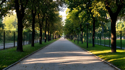 Fototapeta premium Long Paved Pathway Lined With Tall Green Trees Under Bright Sunlight in Park Setting