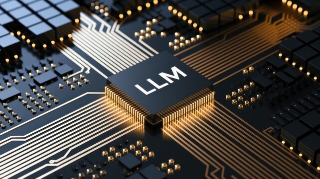 Black computer chip labeled LLM on circuit board, gold connections, close-up, detailed view.