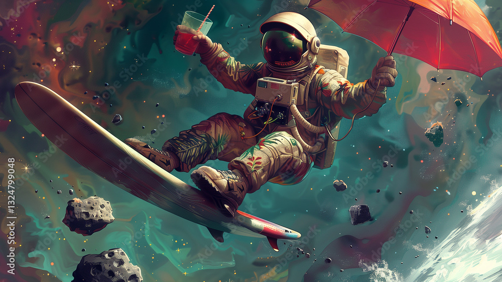 Poster this astronaut enjoys a unique experience, surfing through space while holding an umbrella and drink