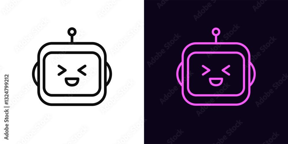Poster outline laughing robot icon, with editable stroke. chat bot with laugh face. friendly virtual assist