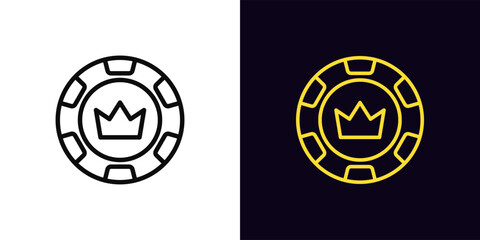 Outline royal chip icon, with editable stroke. Poker chip with crown icon, king casino club. Royal poker club, gambling token, poker game, casino empire, gaming chip, card game reward. Vector icon
