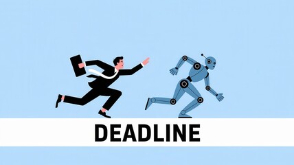 Obraz premium Businessman and robot racing to meet deadline, flat design style illustration of competition.