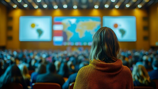 Audience attending a conference with large screens displaying world maps. Possible use for stock photography