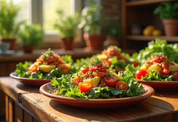 vibrant plant based meals displayed color rich backgrounds featuring fresh ingredients aesthetic arrangements, artisan, bowl, buffet, colorful, composition