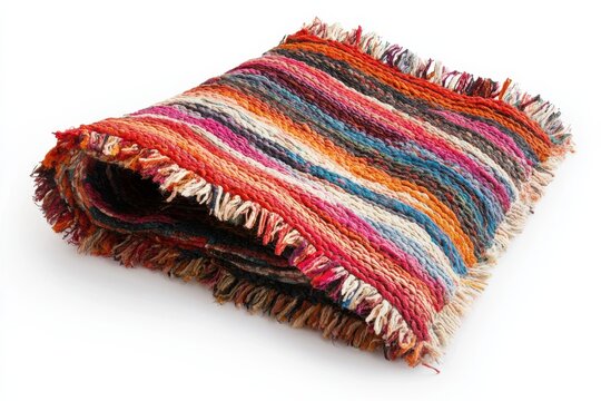 Cozy and colorful woven blanket folded neatly on a white surface, perfect for chilly evenings isolated on transparent background