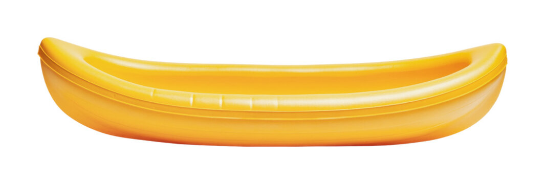 Bright yellow inflatable banana-shaped boat for pool fun, cut out