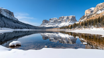 Obraz premium Panoramic View Of A Snow Covered Mountain And Reflective Lake Under A Clear Blue Sky During Winter