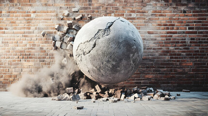 Massive stone wrecking ball in motion breaking through brick walls, symbolizing destruction and the power to overcome obstacles