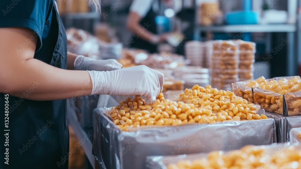 Leinwandbilder a worker processes food products on a production line, focusing on quality during packaging. the env