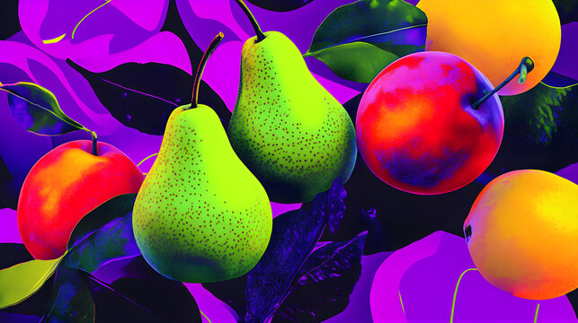 Neon Pop Art Fruits: Pears, Lemons & Plums in Vibrant Glowing Harmony
