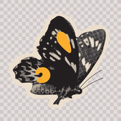Butterfly halftone art collage cutout element. Modern retro grunge mixed media illustration. Paper clipping shape with a dotted texture, insect sticker, doodles, and scribbles. Vector illustration.