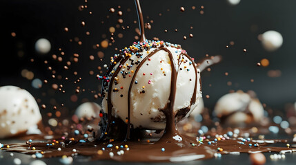 Melted ice cream with chocolate drizzle and sprinkles