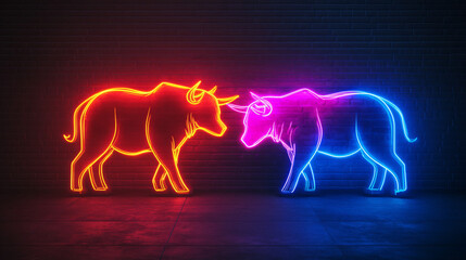 Fototapeta premium Image of a bull and bear made of neon lamps on a background in the form of a dark brick wall. Stock Market logo or emblem with bright neon light.