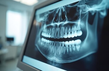 Panoramic dental x-ray image displayed on monitor in clinic. Digital radiography scan shows teeth, jaw structure. Modern dentistry technology for oral health diagnosis, orthodontic treatment. Patient