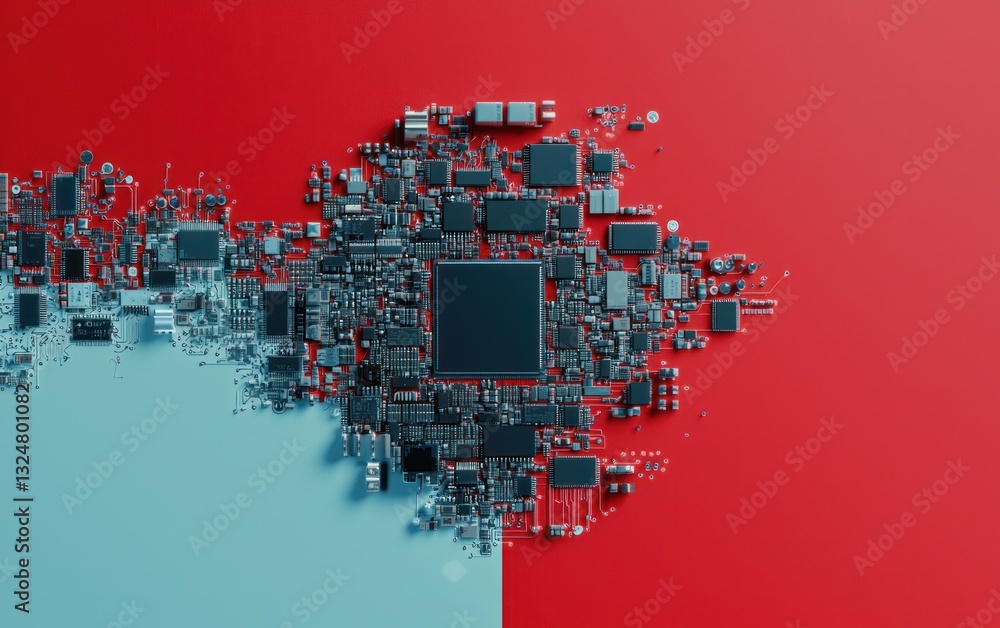 Poster abstract technology image: computer components on red and blue background
