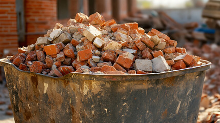 Metal bin filled with red brick rubble at a construction site symbolizes destruction, demolition, and renewal, highlighting the aftermath of building projects and the process of transformation