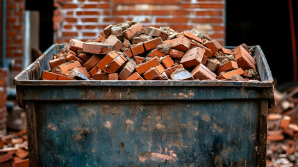 Metal bin filled with red brick rubble at a construction site symbolizes destruction, demolition, and renewal, highlighting the aftermath of building projects and the process of transformation