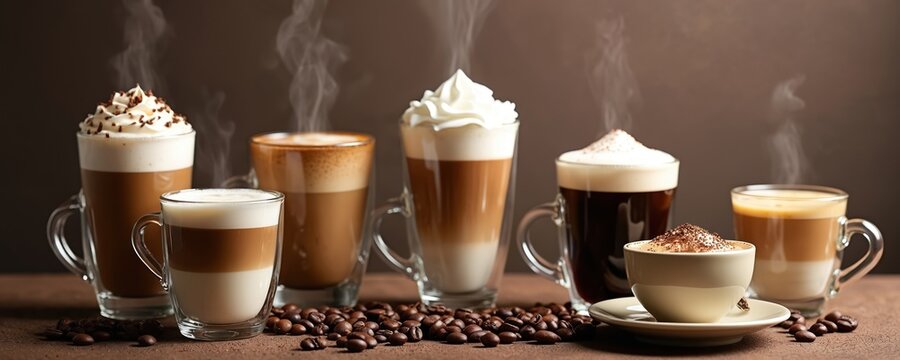 Various kinds of steaming coffee drinks with whipped cream, chocolate on table. Cappuccino, latte, macchiato options with beans. Hot frappe, frappuccino in different cups. Warm winter beverage