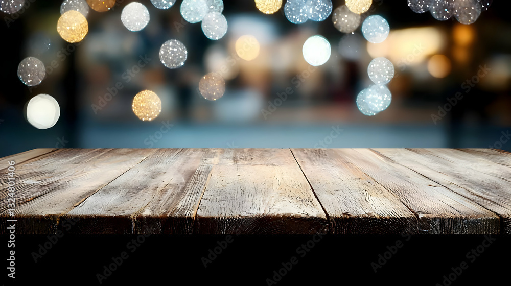 Poster close up view of weathered wooden table with bokeh lights in background