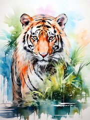 Naklejka premium Watercolor painting of a tiger standing in the water on a natural background.