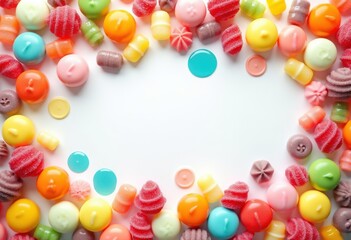 vibrant flat lay display assorted colorful candies showcasing bright playful arrangement different shapes textures white background, bowl, candy, cane