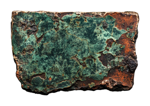 Aged and weathered copper sheet with green patina and rust, cut out