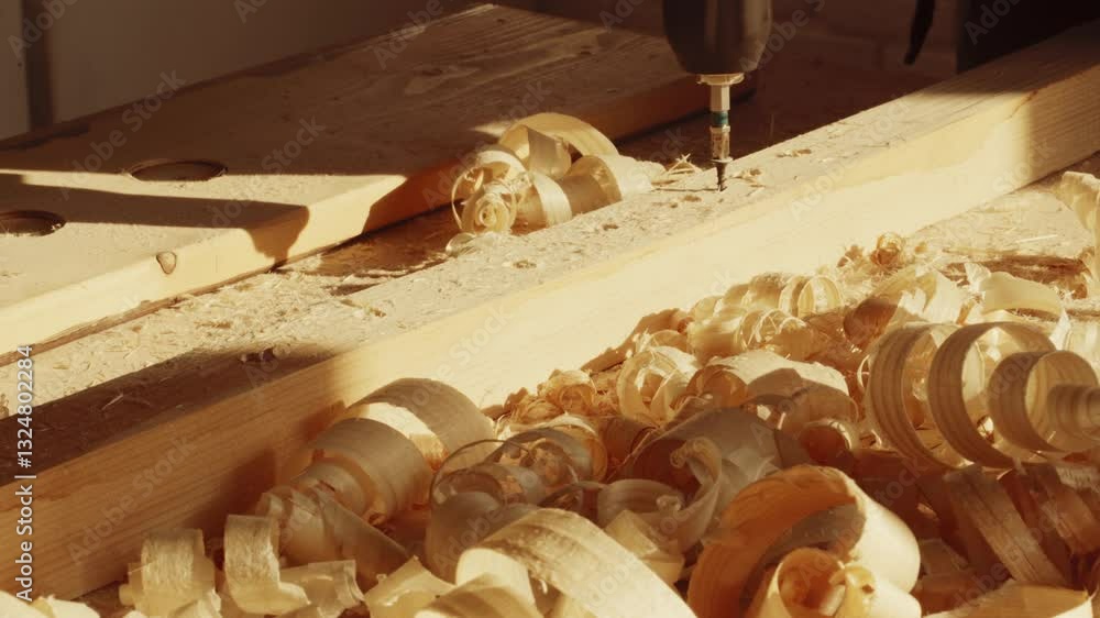 Aufkleber woodworking in a sunlit workshop with shavings and tools creating a serene atmosphere