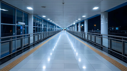 Obraz premium Empty illuminated urban hallway at night featuring symmetric design blue toned light reflective floor and architectural structure