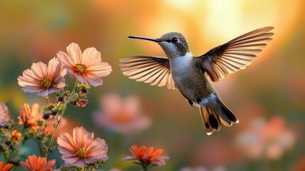 Fototapeta premium Hummingbird in Flight Over a Meadow of Blossoms