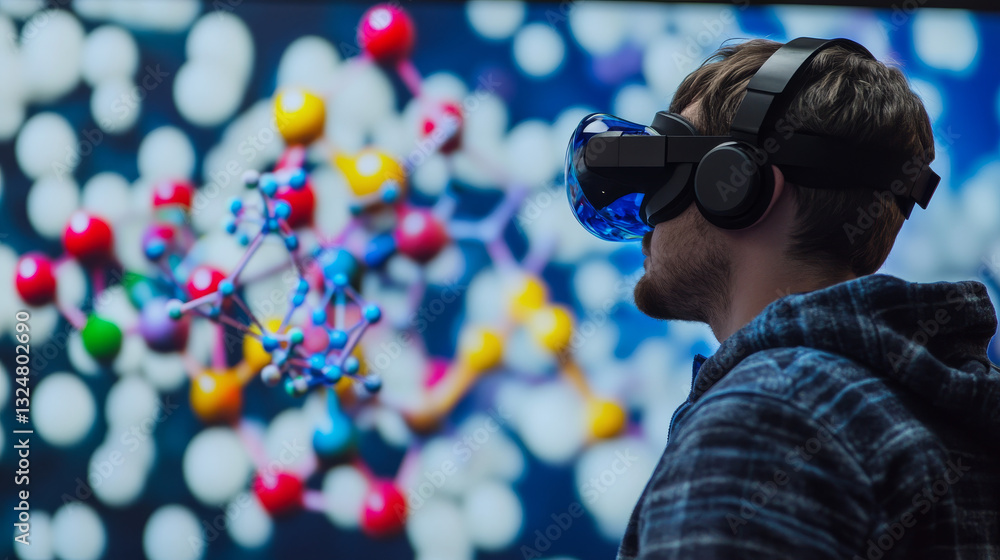 Poster metaverse. abstract polygonal 3d man in vr device touching virtual model of molecule. low poly wiref