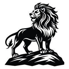 Lion climbing a hill silhouette vector art illustration, Bold Lion Silhouette on Rock with Flowing Mane