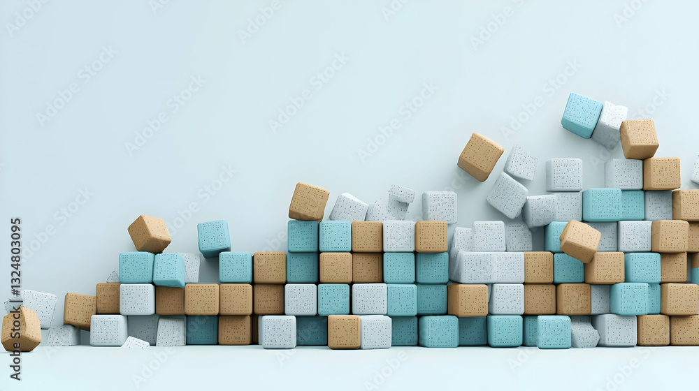 Poster abstract arrangement of colorful cubes on light blue background with subtle shadow and texture detai