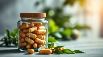 Jar of Yellow Capsules with Natural Foliage Accents in Soft Light, promoting wellness and natural health.