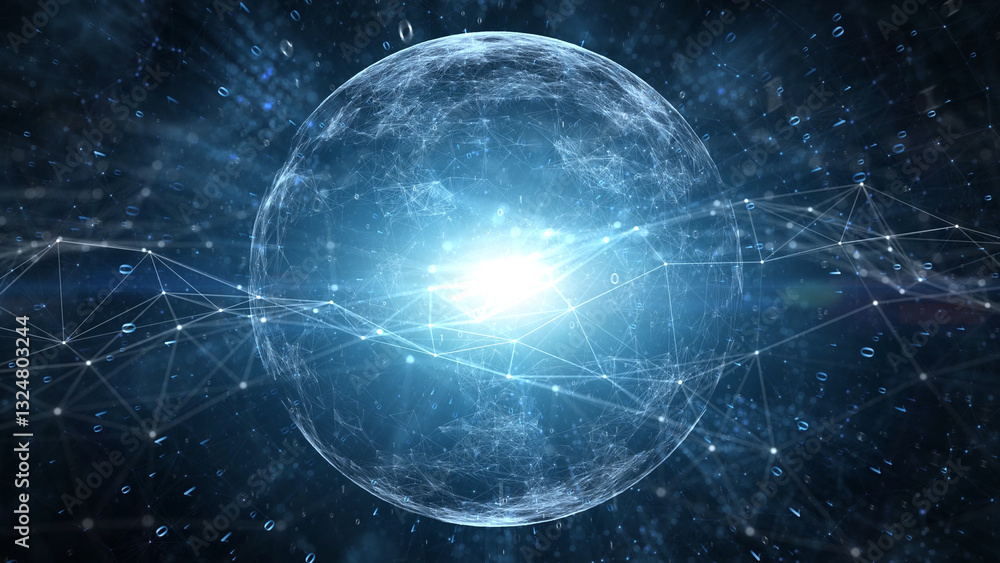 Poster digital technology sphere with network lines illustration.