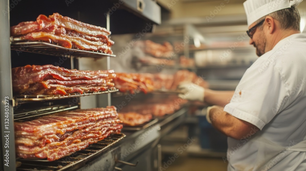 Poster in a bustling food production facility, a skilled worker expertly tends to racks of smoked meat. thi