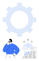 Man thinking, giant gear symbolizing process, cloud computing icons, data server storage. Ideal for technology, innovation, AI, decision-making planning IT solutions workflow. Flat simple metaphor