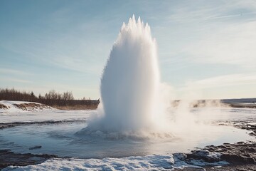 Obraz premium Powerful Icelandic Geyser Eruption Winter Landscape Dramatic Nature Scene Breathtaking Geothermal Water Fountain Majestic Snowy Scenery Stunning White