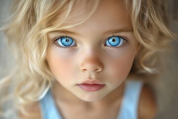 Fototapeta premium Close-up portrait of a toddler girl with captivating blue eyes and blonde curly hair.